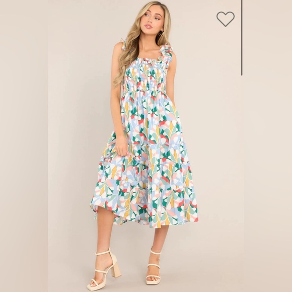 NEW Blue Multi Print Smocked Midi Dress - Picture 4 of 9